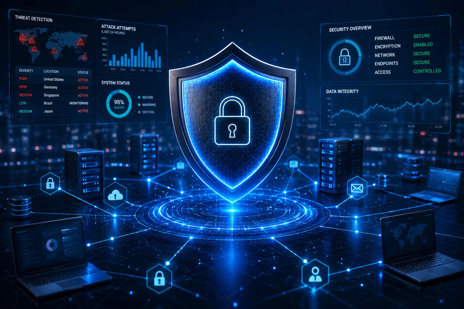 Business cybersecurity threats in 2026 — shield protecting a corporate network from AI phishing, ransomware, and supply chain attacks