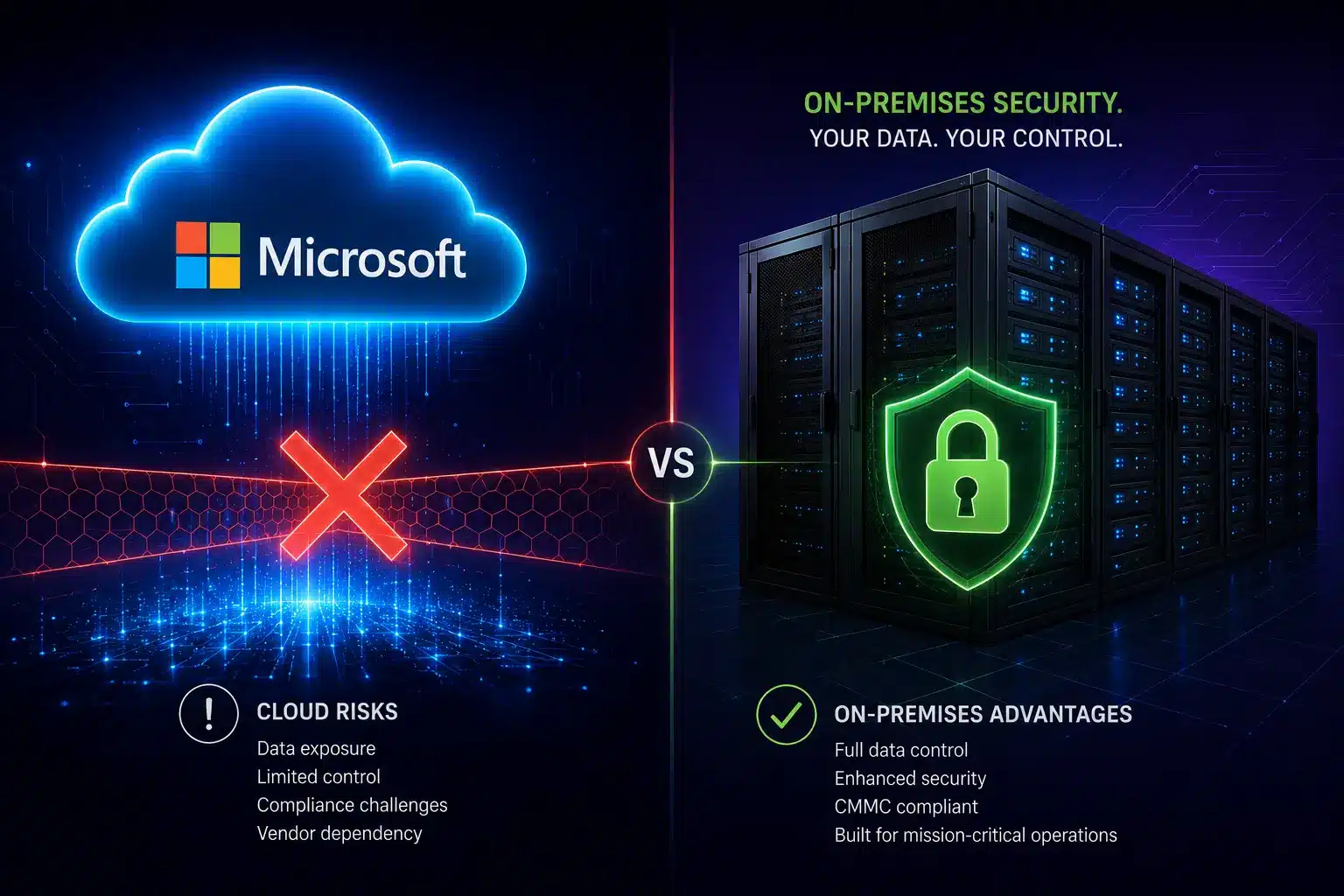 Diagram showing Microsoft Copilot's cloud-only access compared to local on-premises server infrastructure for businesses