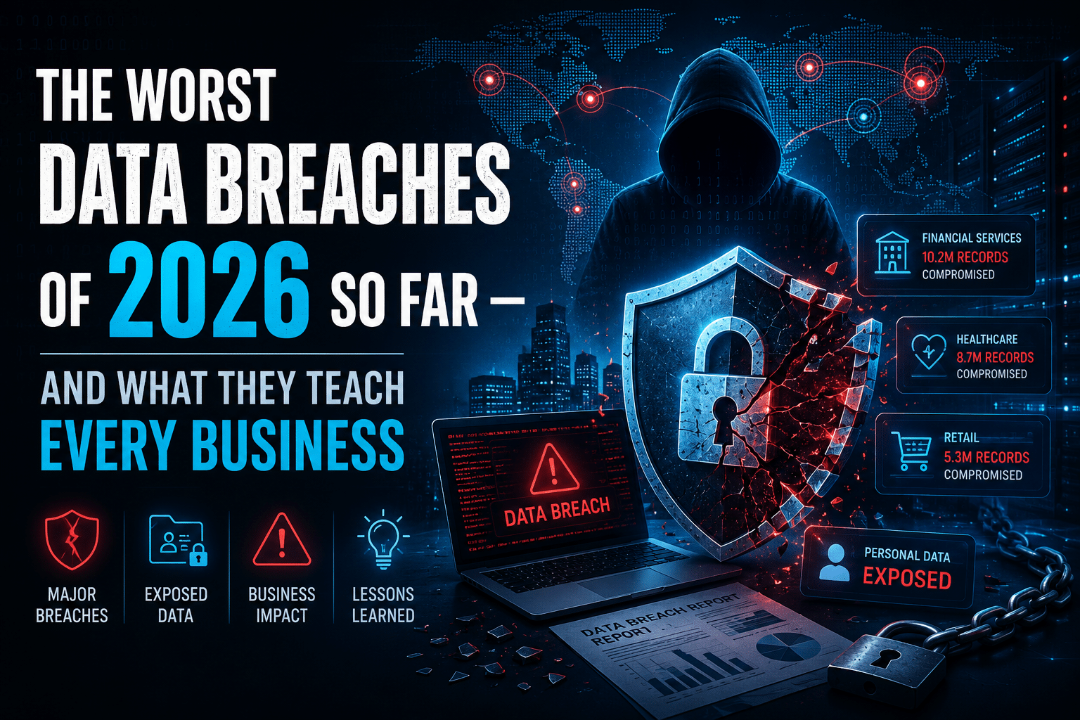 Illustration of the worst data breaches of 2026 affecting businesses worldwide