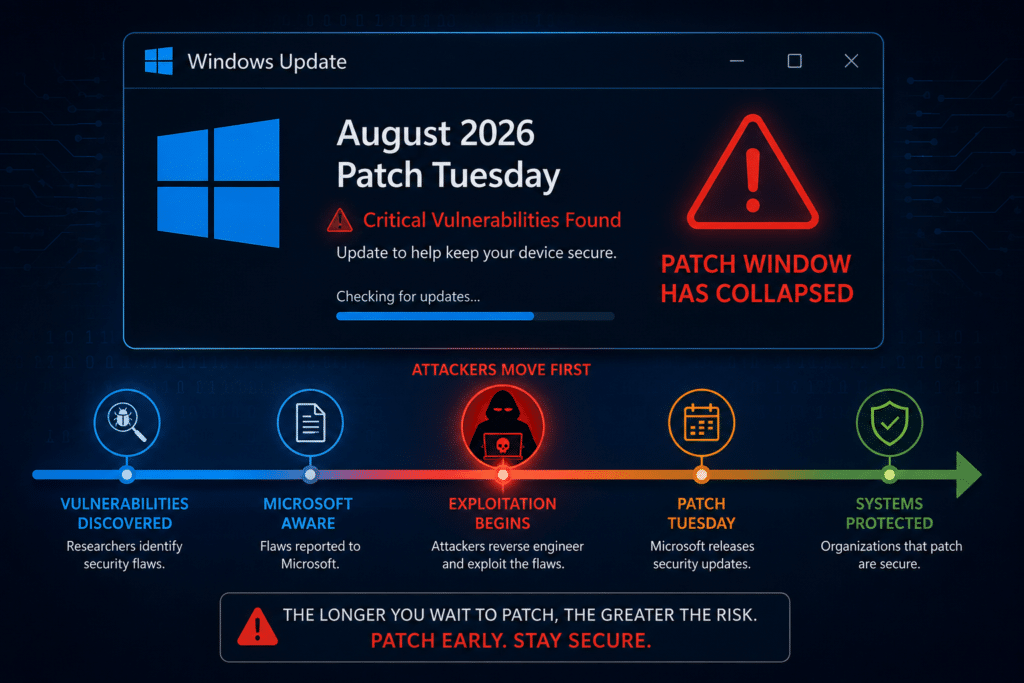 Microsoft August 2026 Patch Tuesday -- timeline showing attackers exploit flaws before patches are released