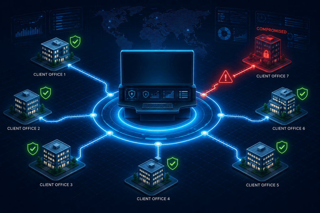 Diagram of a compromised remote monitoring and management console spreading access to multiple client networks, illustrating MSP supply chain risk