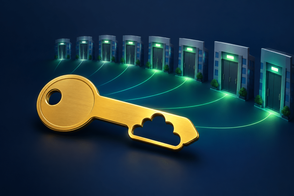 Illustration of one stolen vendor application credential unlocking many Microsoft 365 tenants, representing the ConnectWise Cloud Backup supply chain attack.