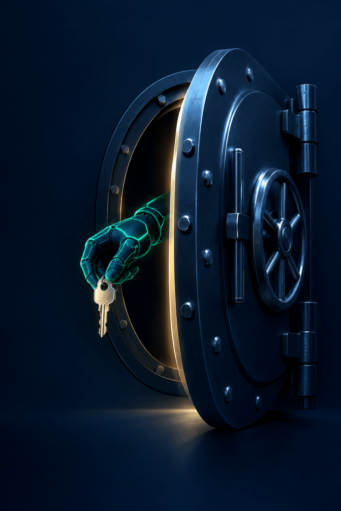 Illustration of an AI agent using a customer's valid login to open a bank vault, representing rogue AI agents accessing bank accounts without clear authorization.